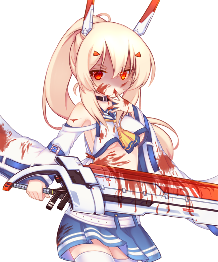 1girl ascot ayanami_(azur_lane) azur_lane bangs bare_shoulders belt black_choker blonde_hair blood blood_on_face bloody_clothes bloody_hands bloody_weapon blue_sailor_collar blue_skirt breasts choker commentary_request crop_top detached_sleeves eyebrows_visible_through_hair hair_between_eyes hair_ornament hairclip hand_to_own_mouth hand_up headgear high_ponytail holding holding_sword holding_weapon long_hair long_sleeves medium_breasts pleated_skirt ponytail red_eyes remodel_(azur_lane) sailor_collar sakurato_ototo_shizuku school_uniform serafuku shaded_face shirt sidelocks simple_background skirt sleeveless sleeveless_shirt sleeves_past_wrists solo sword under_boob very_long_hair weapon white_background white_belt white_shirt white_sleeves wide_sleeves yellow_neckwear