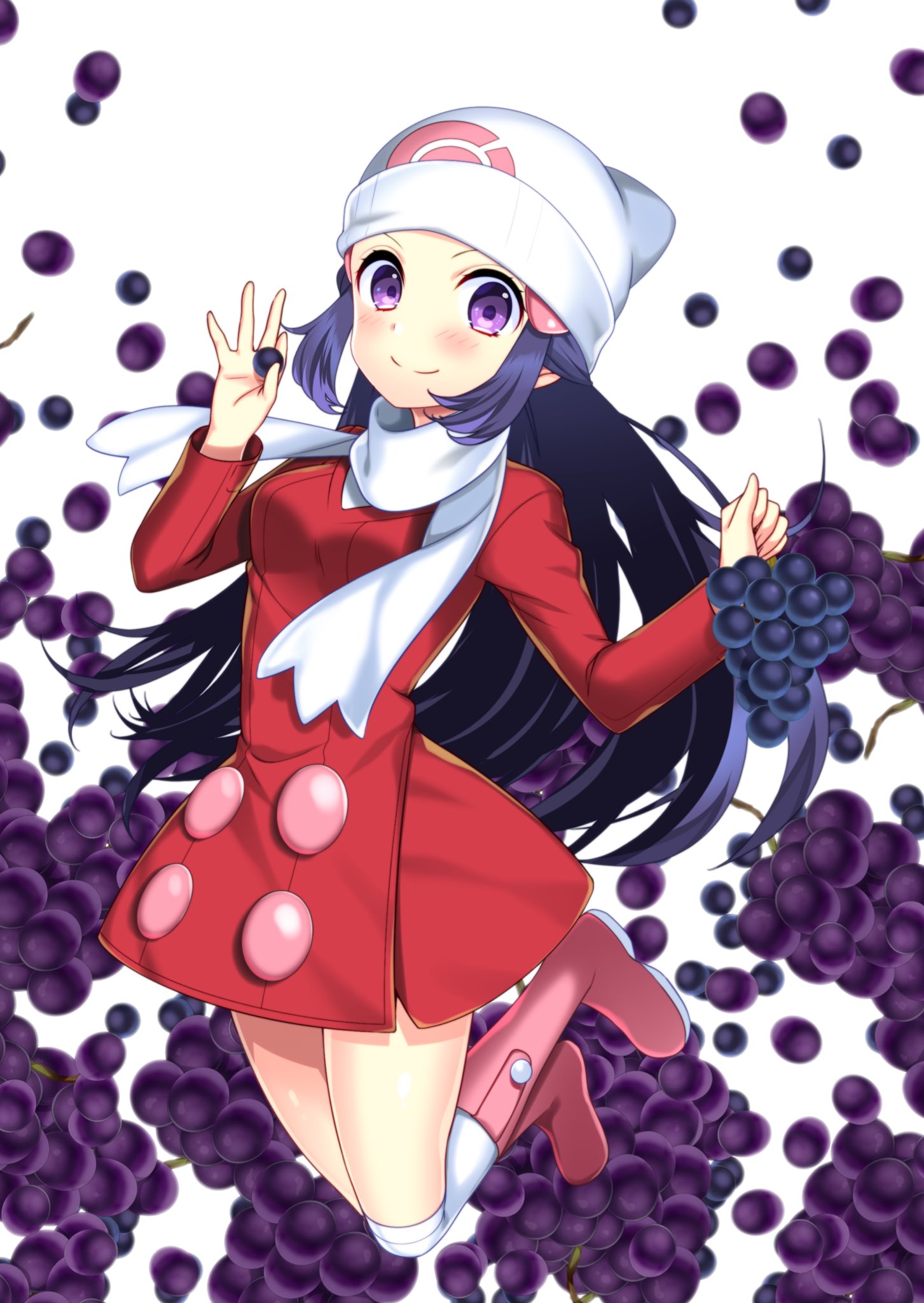 1girl blue_hair boots bow coat coat_dress creatures_(company) floating_hair food fruit game_freak grapes hat highres hikari_(pokemon) knee_boots long_hair long_sleeves looking_at_viewer nintendo pink_bow poke_ball_print pokemon pokemon_(game) pokemon_dppt print_hat red_coat scarf solo thigh-highs thigh_boots very_long_hair violet_eyes white_background white_hat white_legwear white_scarf winter_clothes winter_coat yuihiko