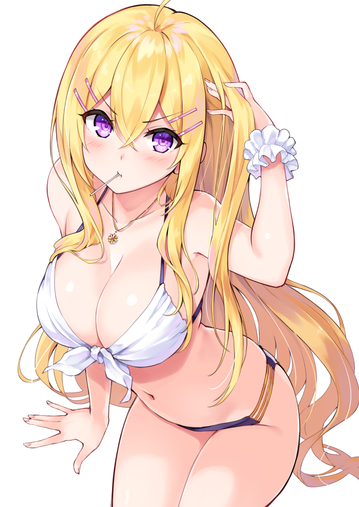 1girl :t ahoge arm_up bangs bikini black_bikini_bottom blonde_hair blush breasts candy cleavage closed_mouth collarbone commentary_request cowboy_shot cu-no eyebrows_visible_through_hair fingernails food front-tie_bikini front-tie_top hair_between_eyes hair_ornament hairclip hakurei_botan halter_top halterneck hand_in_hair hand_up hisenkaede jewelry large_breasts leaning_forward lollipop long_hair looking_at_viewer mouth_hold navel necklace original scrunchie sidelocks simple_background solo swimsuit v-shaped_eyebrows very_long_hair violet_eyes white_background white_bikini_top white_scrunchie wrist_scrunchie