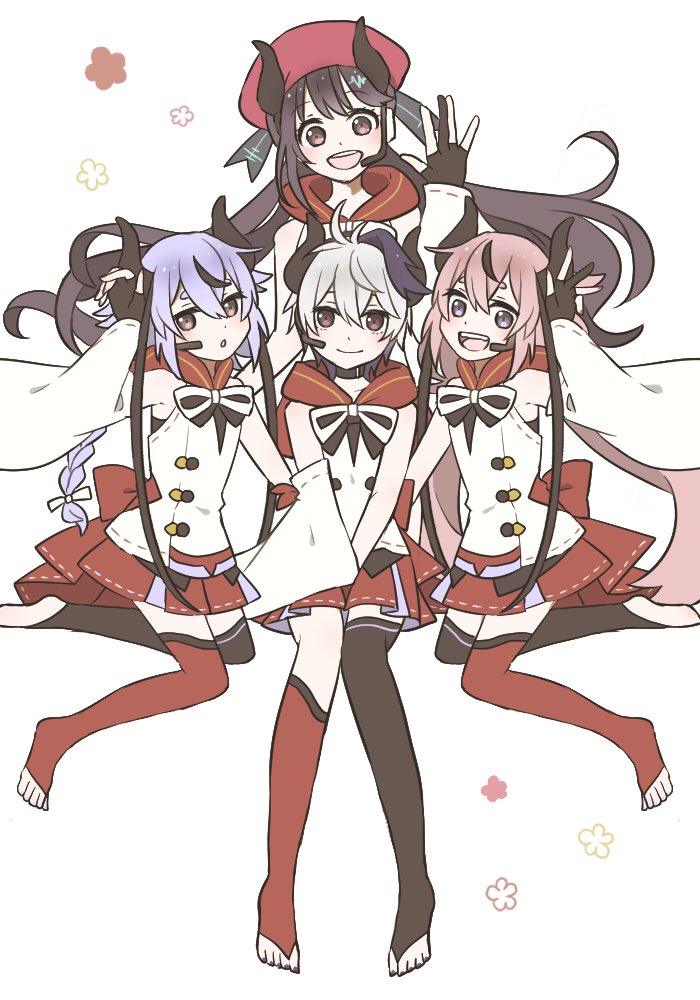 4girls asymmetrical_legwear flower_(vocaloid) hat headset horns long_hair looking_at_viewer meika_hime meika_mikoto multiple_girls nontraditional_miko short_hair sitting skirt smile thigh-highs v_flower_(vocaloid4) vocaloid xin_hua