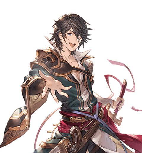 1boy ;d black_hair blue_eyes cain_(granblue_fantasy) granblue_fantasy male_focus minaba_hideo official_art one_eye_closed open_mouth outstretched_hand pants popped_collar smile solo sword transparent_background weapon white_day white_pants wide_sleeves