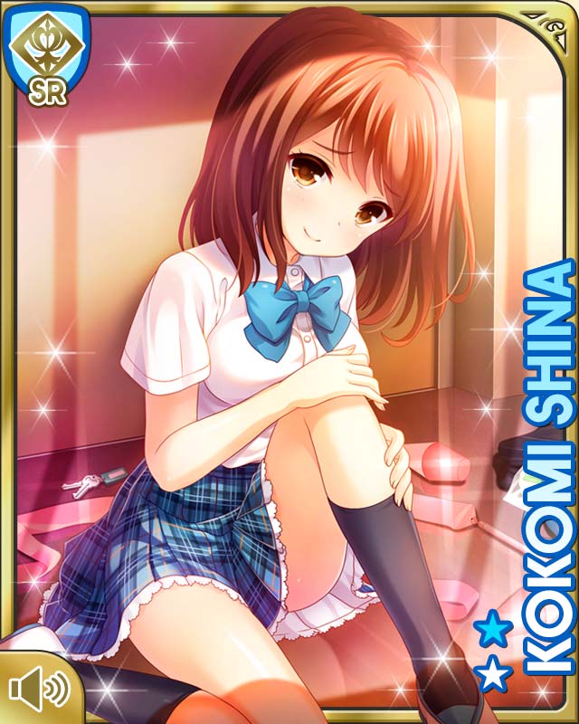 1girl black_legwear blue_skirt brown_eyes brown_hair character_name girlfriend_(kari) gymnastics_ribbon hands_on_own_knee juggling_club key knee_up kneehighs official_art plaid plaid_skirt qp:flapper school_uniform shiina_kokomi shirt short_hair sitting skirt smile solo white_shirt