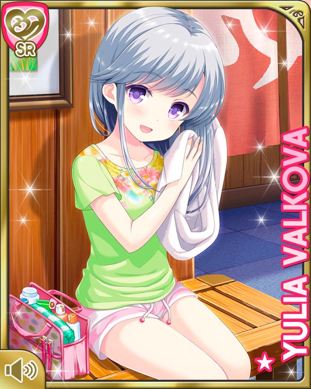 1girl bag bench character_name drying drying_hair floral_print girlfriend_(kari) green_shirt long_hair official_art open_mouth print_shirt qp:flapper shirt short_shorts shorts silver_hair sitting smile solo striped striped_shorts towel violet_eyes yulia_valkova