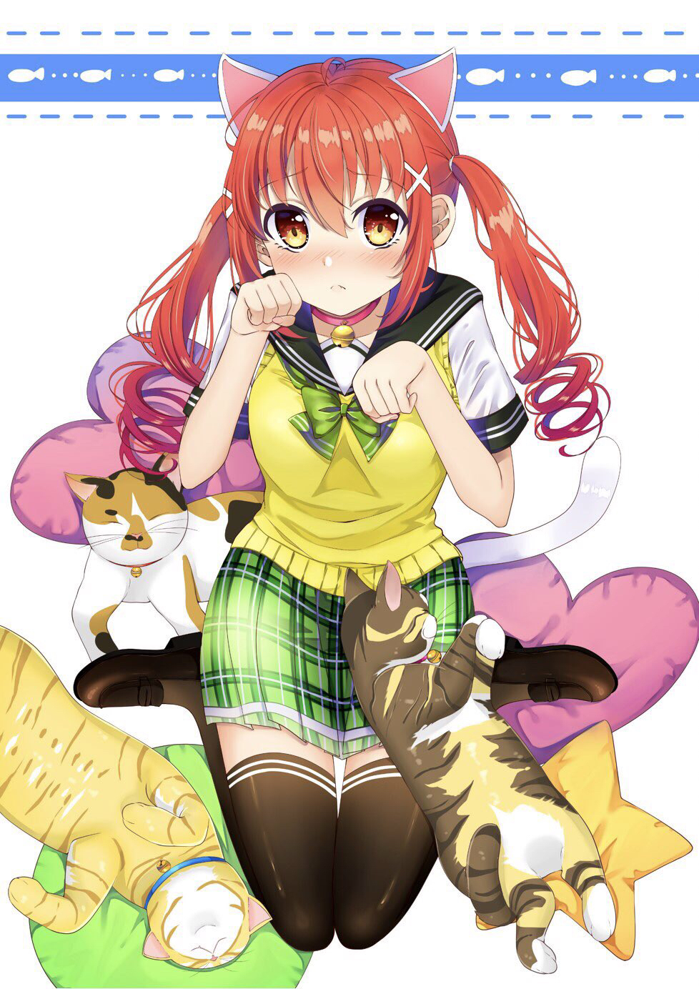 1girl animal_ears bell bell_collar black_footwear black_legwear blush bow brown_eyes cat collar frown green_bow hair_ornament highres jingle_bell paw_pose pillow plaid plaid_skirt redhead school_uniform sitting skirt thigh-highs twintails uniform wariza white_background x_hair_ornament