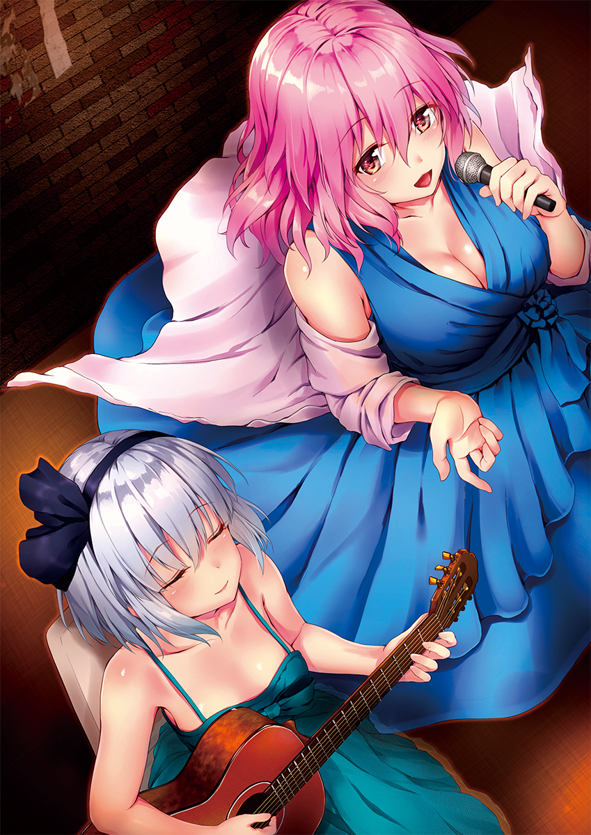 2girls aqua_dress awa_yume bare_shoulders blue_dress breasts cleavage closed_eyes dress guitar hair_ribbon highres instrument jacket konpaku_youmu large_breasts medium_hair microphone multiple_girls no_hat no_headwear open_mouth pink_eyes pink_hair ribbon saigyouji_yuyuko short_hair silver_hair small_breasts smile touhou