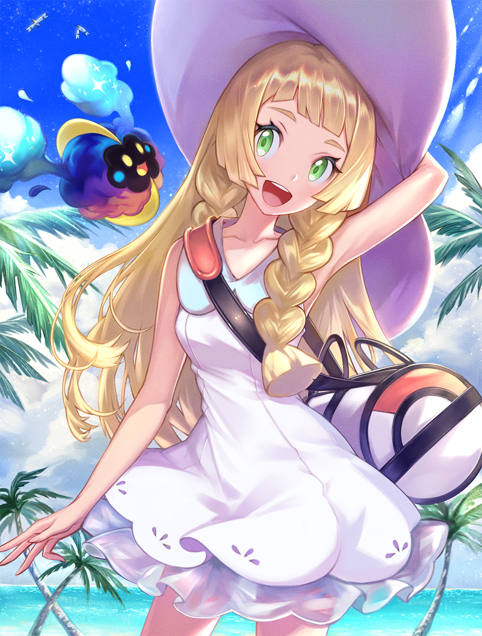 1girl :d arm_behind_head arm_up armpits bag bangs bare_arms bare_shoulders blonde_hair blue_sky blunt_bangs blush clouds contrapposto cosmog cowboy_shot creatures_(company) day dress duffel_bag game_freak gen_3_pokemon gen_7_pokemon green_eyes hat highres honyaru_(nanairo39) horizon lillie_(pokemon) long_hair looking_at_viewer nintendo ocean open_mouth palm_tree pokemon pokemon_(game) pokemon_sm round_teeth see-through shoulder_bag sky sleeveless sleeveless_dress smile straight_hair sun_hat sundress tareme teeth tree twintails upper_teeth very_long_hair white_dress white_hat wingull