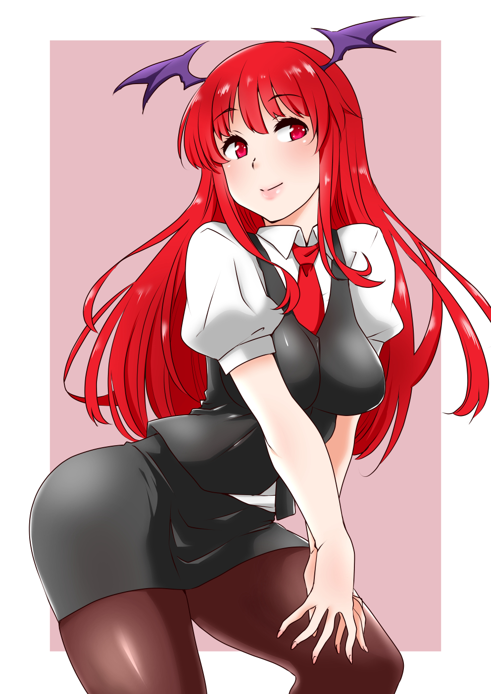 bat_wings black_legwear black_skirt black_vest collared_shirt demon_girl eyebrows_visible_through_hair hand_on_thigh hands_together head_wings highres koakuma leaning_forward lips long_hair necktie pantyhose puffy_sleeves red_eyes red_neckwear redhead shiraue_yuu shirt skirt skirt_set smile touhou vest white_shirt wings