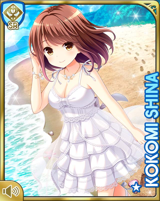 1girl adjusting_hair arm_up beach bracelet breasts brown_eyes brown_hair character_name cleavage dress footprints girlfriend_(kari) jewelry necklace official_art outdoors qp:flapper shiina_kokomi short_hair smile solo sundress white_dress