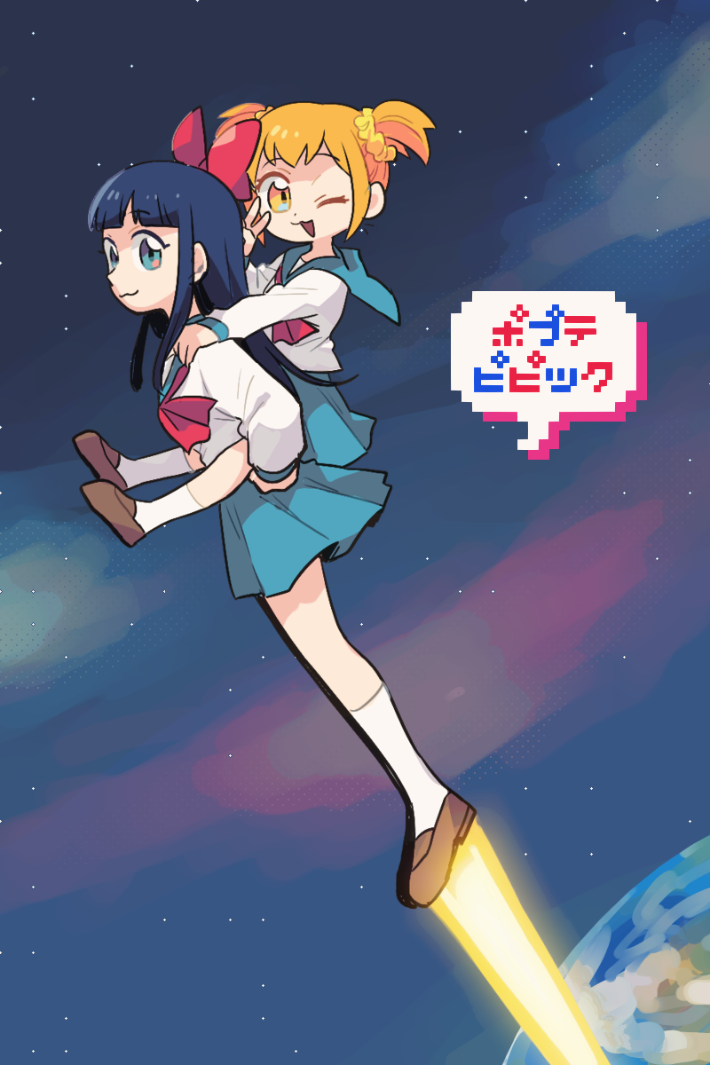 blue_hair carrying flying highres one_eye_closed orange_hair piggyback pipimi poptepipic popuko star_(sky) tnjusa