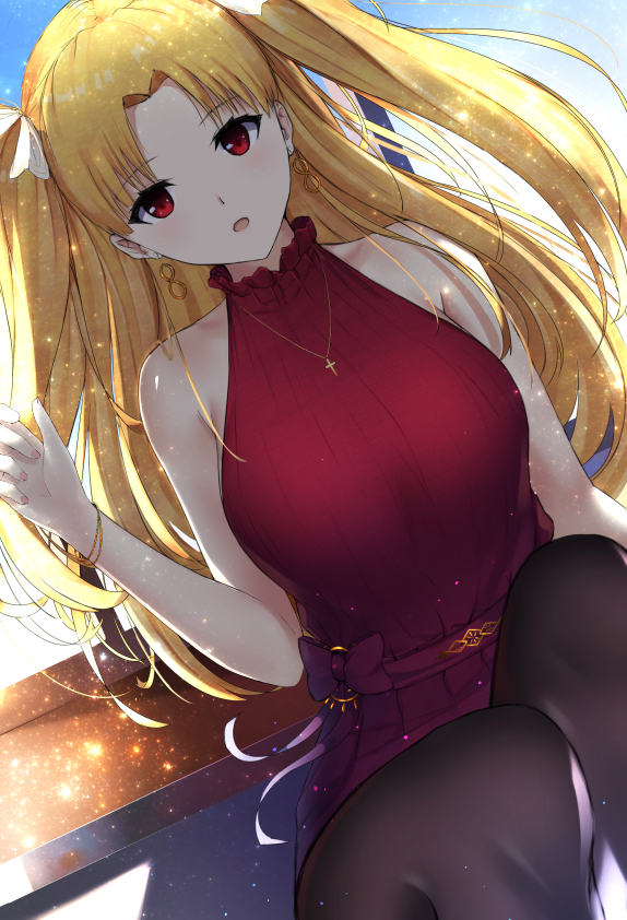 1girl bangs belt bitter_sweet_(fate/grand_order) black_legwear blonde_hair bow bracelet breasts collarbone cross cross_necklace dress earrings ereshkigal_(fate/grand_order) eyebrows_visible_through_hair fate/grand_order fate_(series) hair_bow hair_intakes hair_ribbon hand_up jewelry large_breasts light_blush long_hair mari_(doraerin0) necklace open_mouth parted_bangs red_dress red_eyes ribbon sitting sleeveless sleeveless_dress solo sparkle white_ribbon