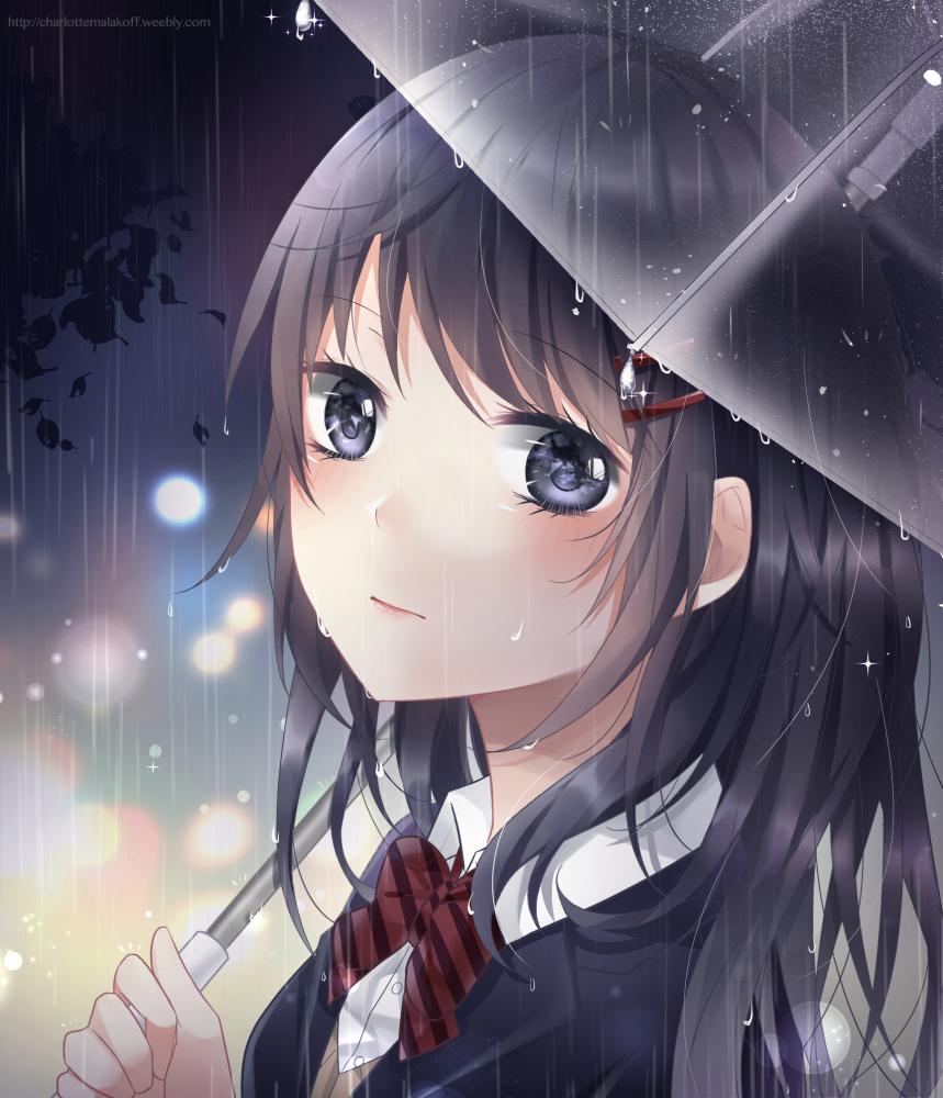 1girl black_hair blue_eyes bow hair_ornament hairclip kirari860524 long_hair original outdoors parasol rain red_bow ribbon school_uniform solo umbrella upper_body watermark web_address