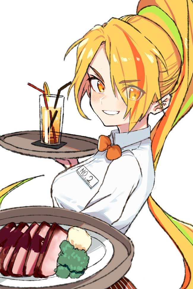 1girl blush bow bowtie breasts broccoli collared_shirt eyebrows_visible_through_hair eyes_visible_through_hair food hair_between_eyes hair_over_one_eye holding holding_drink holding_food light_green_hair long_hair long_sleeves looking_at_viewer looking_to_the_side meat multicolored_hair nikaidou_saki orange_hair pinch_(nesume) plate ponytail shirt simple_background smile solo standing tray waitress white_background white_shirt zombie_land_saga