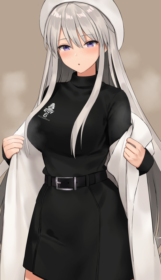 1girl azur_lane belt belt_buckle beret black_dress breasts breath brown_background buckle coat commentary_request cowboy_shot dress enterprise_(azur_lane) hair_between_eyes hat kinokorec large_breasts long_hair long_sleeves looking_at_viewer off_shoulder open_clothes open_coat parted_lips shiny shiny_hair sidelocks silver_hair simple_background solo standing violet_eyes white_coat white_hat