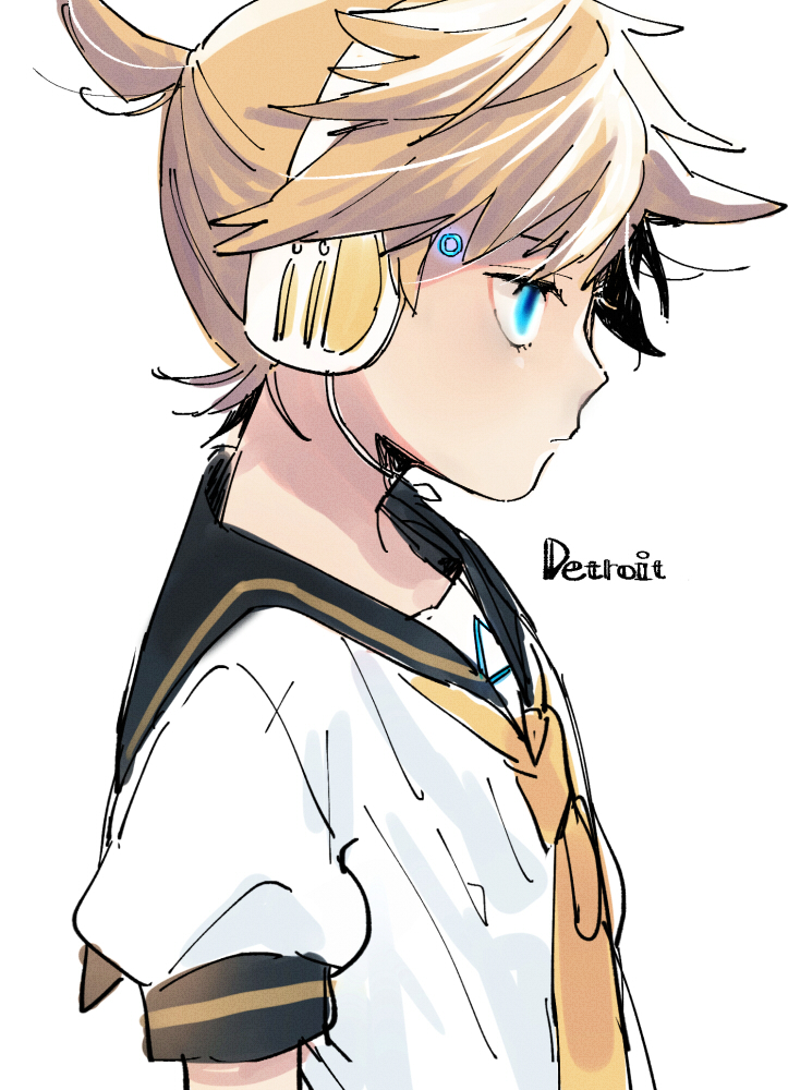 1boy blonde_hair blue_eyes english_text expressionless glowing glowing_eyes headset kagamine_len kouhara_yuyu looking_away male_focus necktie profile puffy_short_sleeves puffy_sleeves shirt short_hair short_sleeves simple_background standing text_focus upper_body vocaloid white_background white_shirt yellow_neckwear