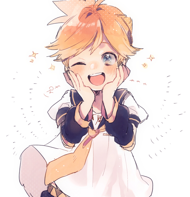 +++ 1boy ;d blonde_hair blush clothes_lift detached_sleeves hands_on_own_cheeks hands_on_own_face kagamine_len kouhara_yuyu male_focus necktie one_eye_closed open_mouth puffy_short_sleeves puffy_sleeves shirt shirt_lift short_hair short_sleeves simple_background smile sparkle upper_body upper_teeth vocaloid white_background white_shirt yellow_neckwear