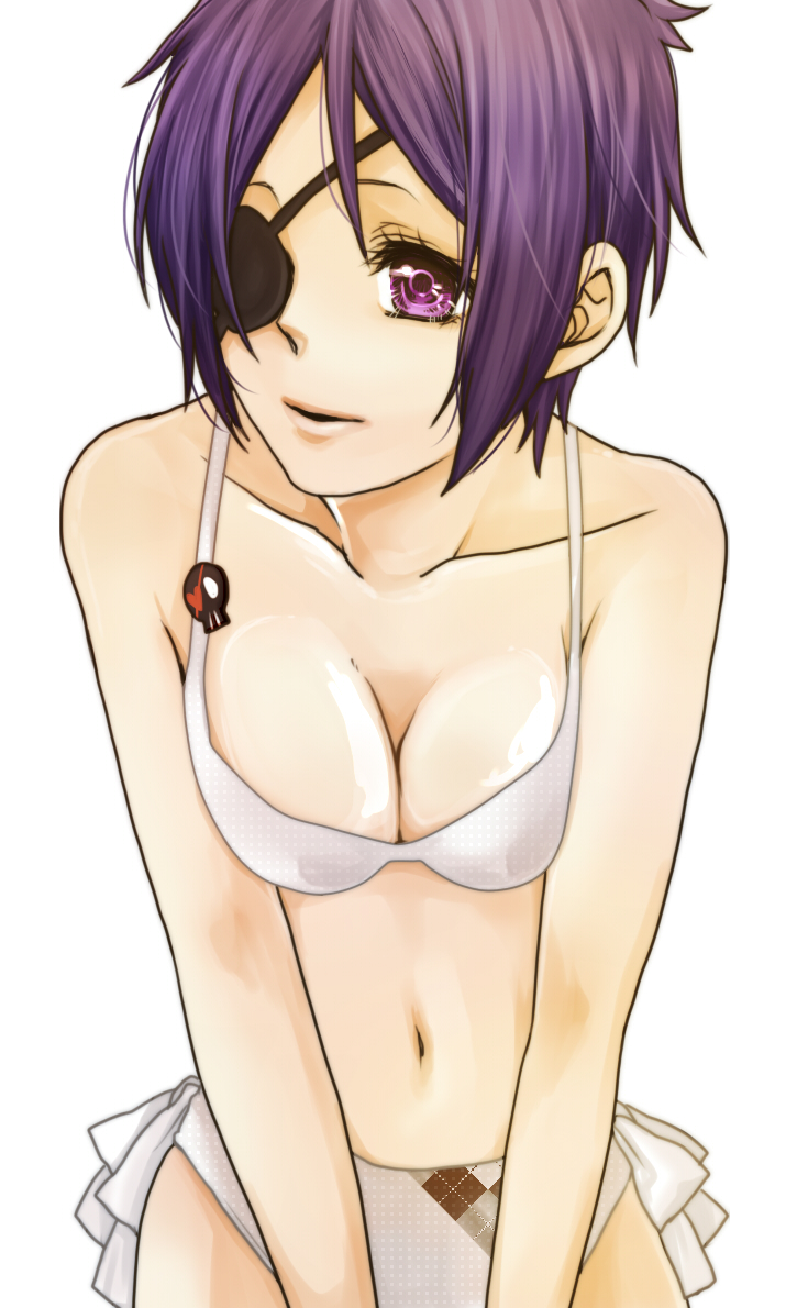 1girl bad_id bad_pixiv_id breasts chrome_dokuro cleavage closed_mouth eyepatch katekyo_hitman_reborn navel pin purple_hair short_hair simple_background skull solo swimsuit violet_eyes white_background