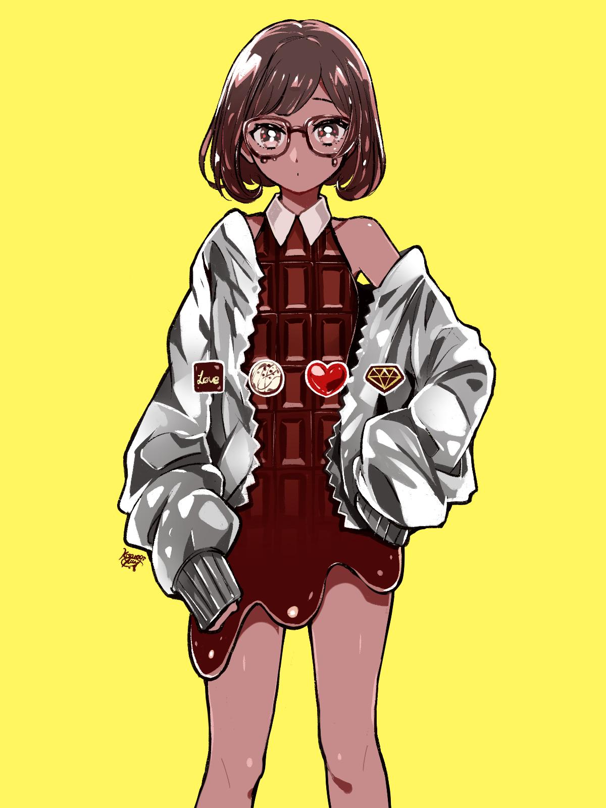 1girl bangs brown-framed_eyewear brown_dress brown_eyes brown_hair chocolate collared_dress dark_skin dress feet_out_of_frame food_as_clothes glasses heart highres kisaragi_yuu_(fallen_sky) looking_at_viewer off_shoulder original short_hair signature silver_jacket simple_background sleeves_past_wrists solo yellow_background