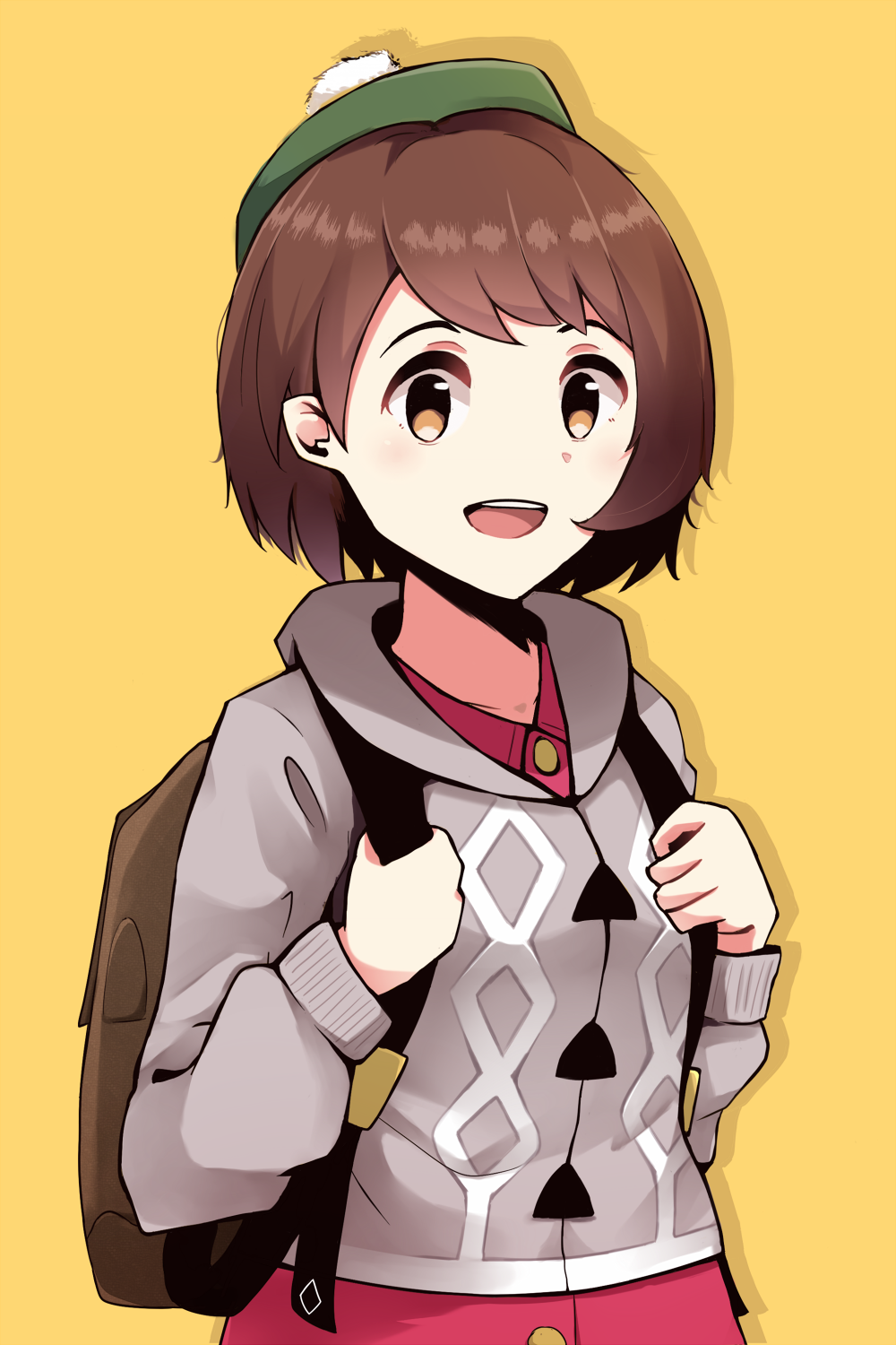 1girl backpack bag bangs brown_eyes brown_hair cardigan creatures_(company) dress drop_shadow female_protagonist_(pokemon_swsh) game_freak green_hat grey_sweater hat highres holding_strap long_sleeves looking_at_viewer nintendo open_mouth pink_dress pokemon pokemon_(game) pokemon_swsh short_hair simple_background smile solo sweater tadada tam_o'_shanter upper_body yellow_background