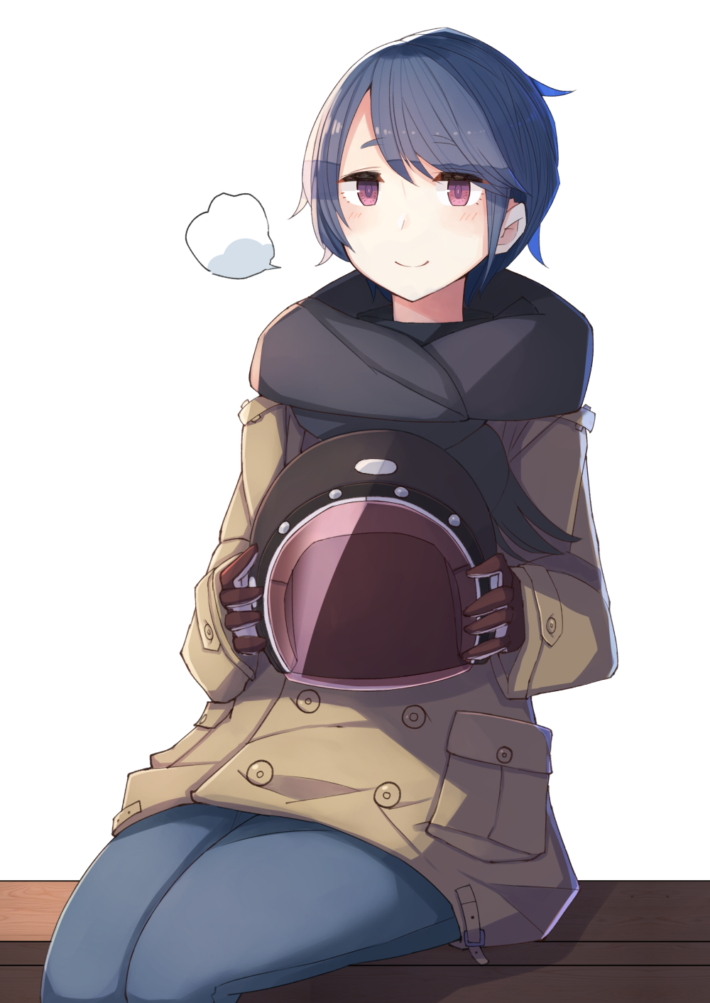 1girl alternate_hair_length alternate_hairstyle black_scarf blue_hair blue_pants brown_coat brown_gloves coat eyebrows_visible_through_hair gloves helmet highres holding holding_helmet pants plan_(planhaplalan) scarf shima_rin short_hair simple_background sitting solo violet_eyes white_background yurucamp