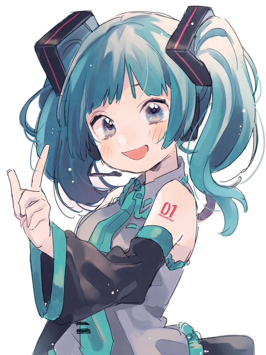 1girl :d alternate_hair_length alternate_hairstyle bare_shoulders blue_eyes blue_hair blue_neckwear detached_sleeves grey_shirt hand_up hatsune_miku highres index_finger_raised kouhara_yuyu looking_at_viewer necktie number_tattoo open_mouth outstretched_arm shirt short_twintails shoulder_tattoo simple_background skirt sleeveless sleeveless_shirt smile solo standing tattoo twintails upper_body vocaloid white_background
