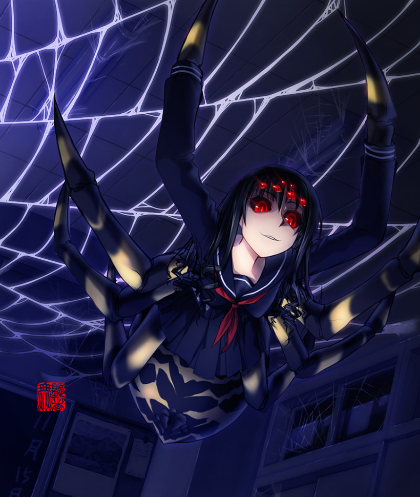 1girl extra_eyes hanging_from_ceiling insect_girl monster_girl muchousha original red_eyes school_uniform silk spider_girl spider_web upside-down