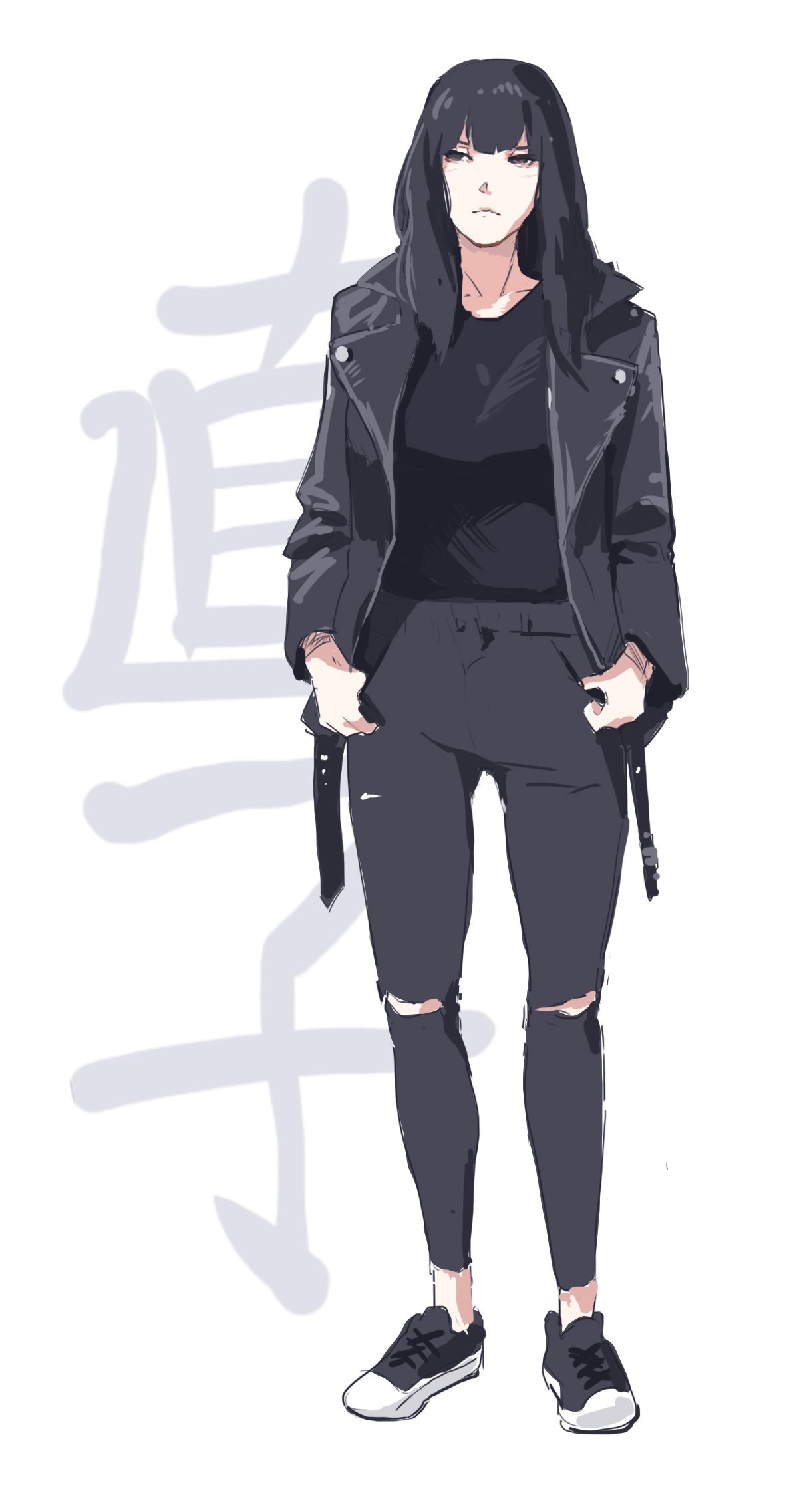 1girl bangs black_eyes black_hair black_jacket black_pants closed_mouth commentary denim english_commentary highres jacket jeans kanji long_hair long_sleeves looking_away looking_to_the_side naoko_(9113419) open_clothes open_jacket original pants shirt shoes sketch sneakers solo t-shirt torn_clothes torn_jeans torn_pants white_background