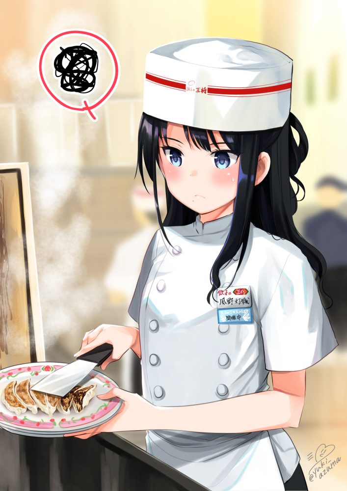 1girl azuma_yuki black_hair blue_eyes blurry blurry_background blush chef_hat chef_uniform closed_mouth commentary_request depth_of_field food hat holding holding_plate idolmaster idolmaster_shiny_colors kazano_hiori long_hair plate shirt short_sleeves signature solo spoken_squiggle squiggle steam twitter_username uniform upper_body white_hat white_shirt