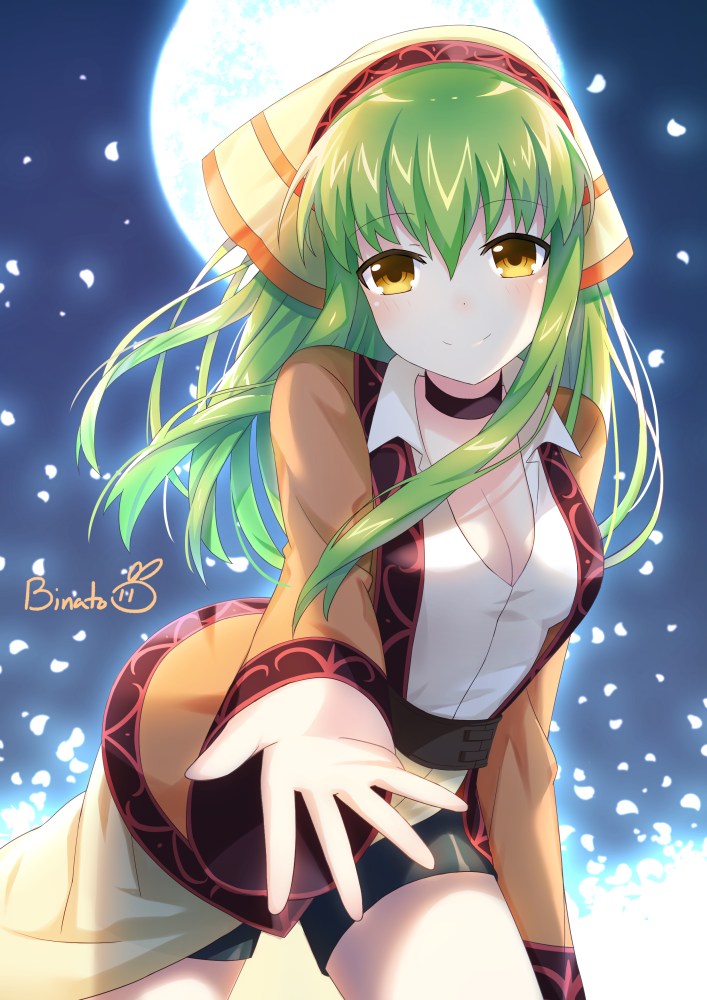 1girl binato_lulu black_shorts breasts brown_eyes c.c. choker cleavage code_geass dress_shirt eyebrows_visible_through_hair floating_hair full_moon green_hair hair_between_eyes long_hair long_sleeves looking_at_viewer medium_breasts moon night outdoors shiny shiny_hair shirt short_shorts shorts signature solo white_shirt