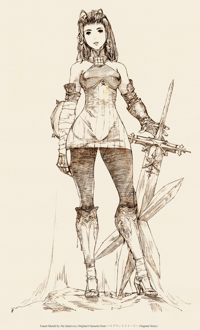 1girl ale_(ale_halexxx) antenna_hair armor bare_shoulders boots breasts callo_merlose collarbone eye_contact facing_viewer full_body gauntlets gloves huge_weapon long_hair looking_at_another looking_at_viewer open_toe_shoes pencil shield simple_background sketch smile solo standing sword vagrant_story weapon white_background