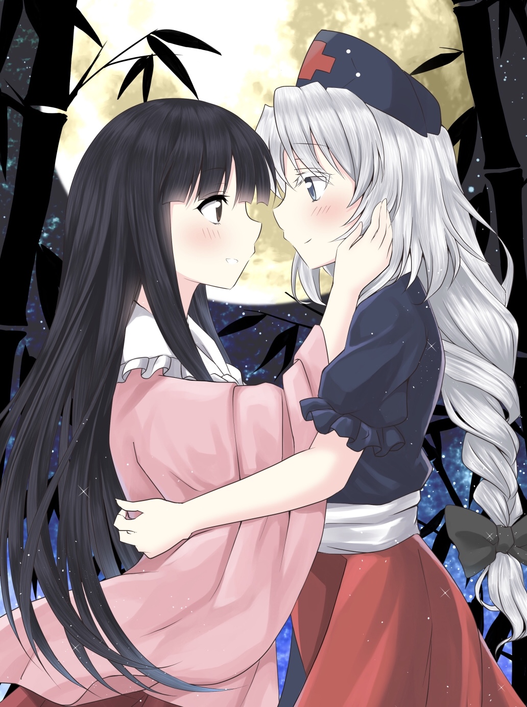 2girls bamboo black_hair blouse blue_eyes blue_shirt blush braided_ponytail brown_eyes commentary_request eye_contact eyebrows_visible_through_hair from_side full_moon hand_on_another's_back hand_on_another's_face hat highres hime_cut houraisan_kaguya light_particles long_hair long_ponytail long_sleeves looking_at_another moon multiple_girls night night_sky nurse_cap outdoors parted_lips pink_blouse profile puffy_long_sleeves puffy_sleeves red_skirt shirt sideways_mouth silver_hair skirt sky smile standing star_(sky) starry_sky touhou upper_body usagi_koushaku very_long_hair yagokoro_eirin yuri