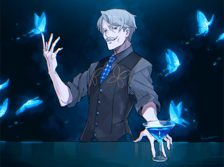 1boy blue_eyes bug butterfly cocktail_glass counter cup drinking_glass facial_hair fate/grand_order fate_(series) grey_hair insect james_moriarty_(fate/grand_order) kaworu_(kaw_lov) male_focus mustache necktie signature vest