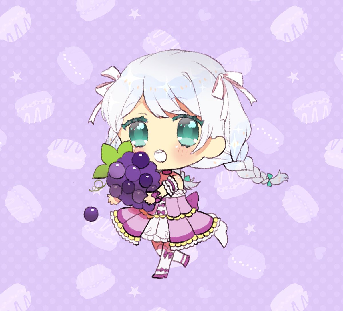 1girl :o aqua_eyes bang_dream! bangs bow braid chibi choker detached_sleeves dress food fruit full_body grapes hair_ribbon holding holding_food holding_fruit long_hair looking_at_viewer macaron_background polka_dot polka_dot_background purple_background purple_bow purple_dress ribbon solo star thigh-highs twin_braids wakamiya_eve wanokuni_(wakokusforest) white_hair white_ribbon wrist_bow