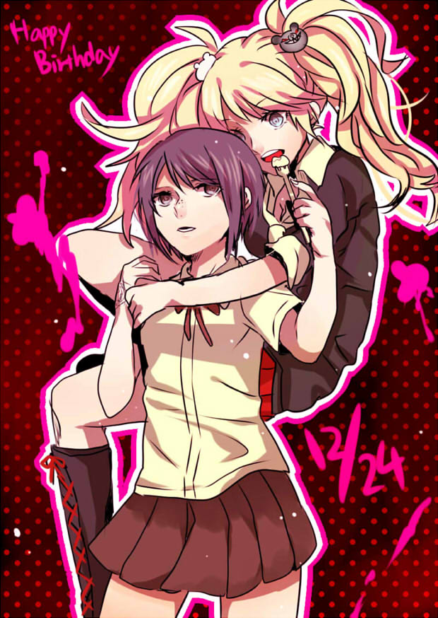 2girls black_footwear black_jacket blonde_hair boots breasts brown_eyes brown_hair brown_skirt bunny_hair_ornament cleavage dangan_ronpa dangan_ronpa_1 dress_shirt enoshima_junko eyebrows_visible_through_hair floating_hair fork freckles grey_eyes hair_ornament happy_birthday holding holding_fork ikusaba_mukuro jacket knee_boots kurozatou_owata long_hair long_sleeves medium_breasts miniskirt multiple_girls open_mouth pleated_skirt polka_dot polka_dot_background red_skirt school_uniform shirt short_hair short_sleeves siblings sisters skirt sleeves_rolled_up twintails very_long_hair white_shirt