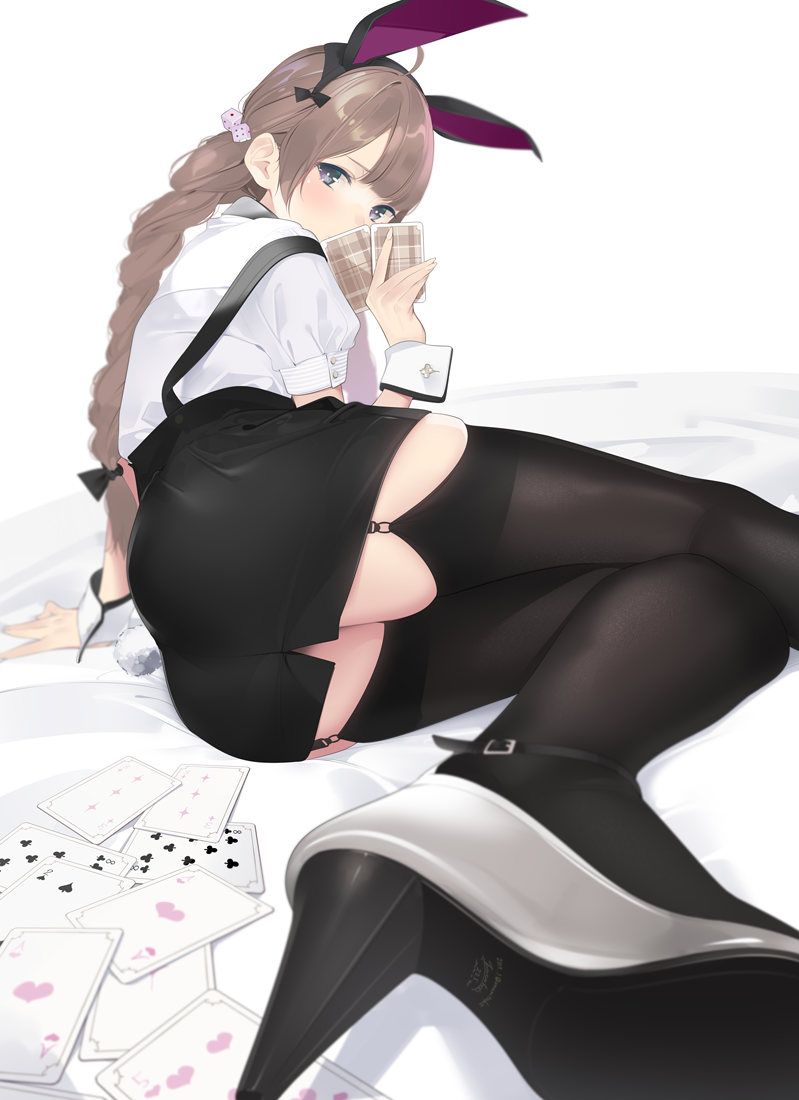 1girl ahoge ama_mitsuki animal_ears arm_support ass bangs black_bow black_legwear blurry_foreground blush bow braid brown_hair bunny_tail buttons card commentary_request covering covering_face covering_mouth dice_hair_ornament eyebrows_visible_through_hair fake_animal_ears fine_fabric_emphasis foreshortening garter_straps hair_between_eyes hair_bow hair_ornament high-waist_skirt high_heels holding holding_card legs looking_at_viewer low_ponytail lying on_side original pencil_skirt plaid playing_card puffy_short_sleeves puffy_sleeves rabbit_ears revision shirt short_sleeves sidelocks single_braid skindentation skirt suspenders tail thigh-highs violet_eyes white_shirt wrist_cuffs zettai_ryouiki