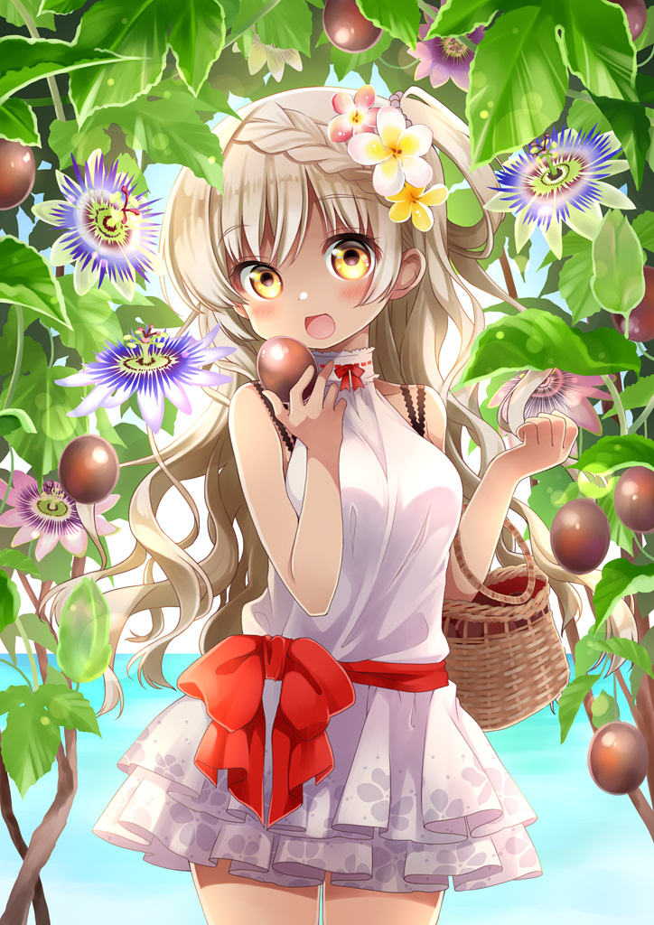 1girl basket blue_sky blush bow braid brown_hair dark_skin day dress flower food fruit hair_flower hair_ornament hand_up kawanobe long_hair looking_at_viewer ocean open_mouth original outdoors red_bow side_ponytail sky solo standing tan tree_shade white_dress yellow_eyes