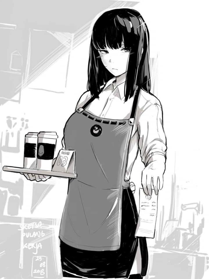 1girl apron barista black_eyes black_hair blouse cafe coffee_cup commentary cup disposable_cup drinking_glass english_commentary foreshortening indonesian_text light_rays long_hair looking_at_viewer menu_board monochrome naoko_(9113419) original sign sunbeam sunlight tray waitress window writing