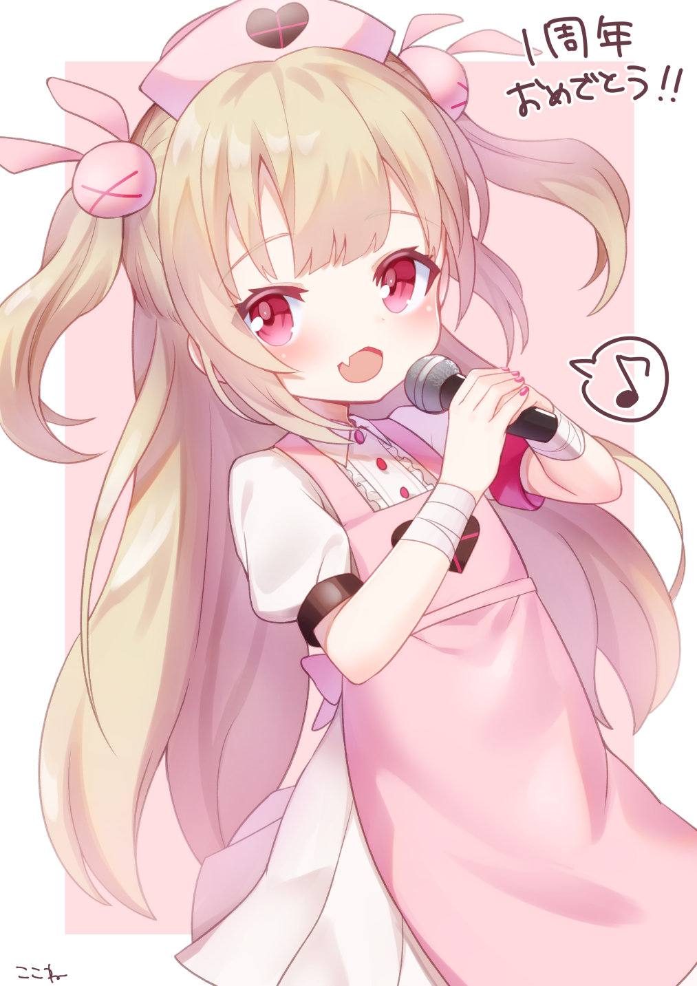 &gt;_&lt; 1girl :d apron armband bandage bandaged_arm bandages bangs blush brown_background bunny_hair_ornament center_frills collared_shirt commentary_request eighth_note eyebrows_visible_through_hair fang fingernails frills hair_ornament hands_together hat heart highres holding holding_microphone koko_ne_(user_fpm6842) light_brown_hair long_hair looking_at_viewer microphone musical_note nail_polish natori_sana nurse_cap open_mouth own_hands_together pink_apron pink_hat pink_nails pleated_skirt puffy_short_sleeves puffy_sleeves red_eyes sana_channel shirt short_sleeves skirt smile solo spoken_musical_note translated two-tone_background two_side_up very_long_hair virtual_youtuber white_background white_shirt white_skirt