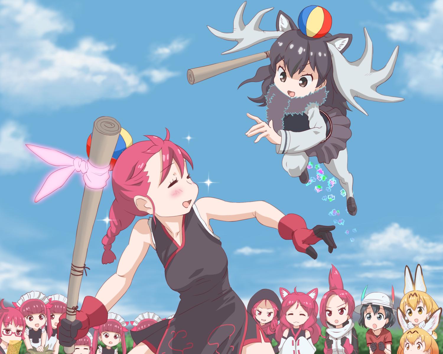 6+girls :d animal_ear_fluff animal_ears antlers ball black_hair blonde_hair blue_sky character_request closed_eyes clouds commentary_request company_connection day dress dual_persona gloves highres jumping kaban_(kemono_friends) kemono_friends kemurikusa maid maid_headdress moose_(kemono_friends) moose_ears multiple_girls open_mouth outdoors pink_hair scroll serval_(kemono_friends) serval_ears sky smile zashikiwasabi