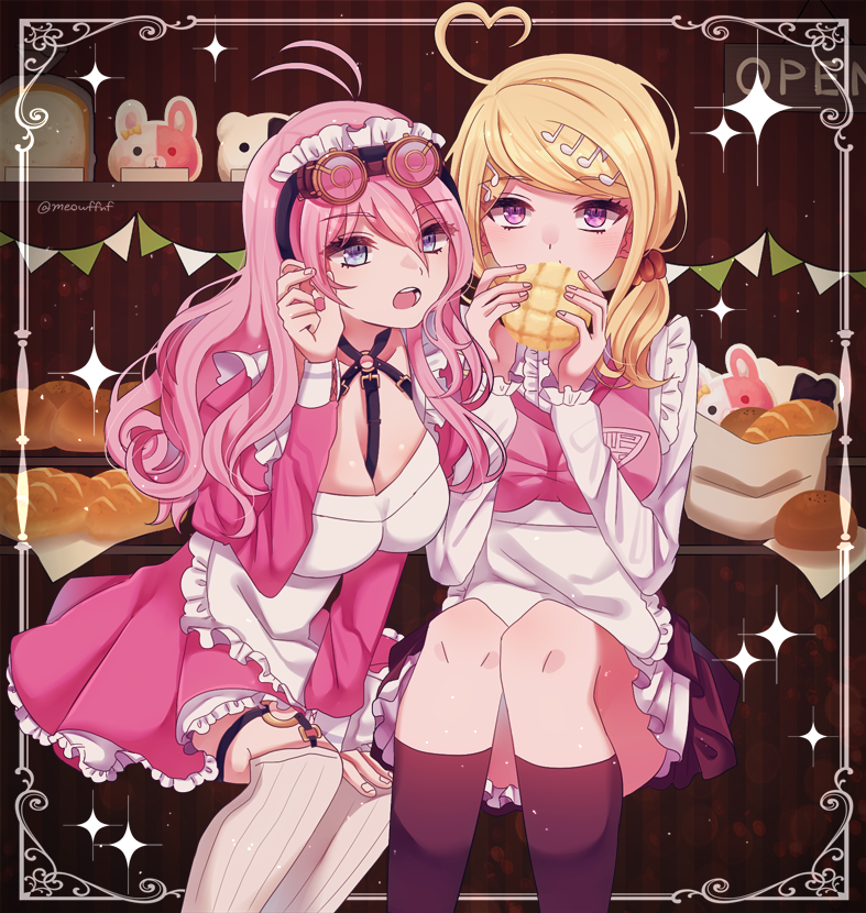 2girls ahoge akamatsu_kaede antenna_hair apron bangs between_legs black_legwear blonde_hair blue_eyes breasts brown_skirt cleavage dangan_ronpa eyebrows_visible_through_hair food frilled_apron frilled_skirt frills goggles goggles_on_head hair_between_eyes hair_ornament hair_over_shoulder hair_scrunchie hand_between_legs heart_ahoge holding holding_food invisible_chair iruma_miu kneehighs large_breasts layered_skirt long_hair long_sleeves looking_at_viewer monokuma monomi_(dangan_ronpa) multiple_girls musical_note_hair_ornament nekoshin_kagari new_dangan_ronpa_v3 open_mouth orange_scrunchie pink_hair pink_skirt pink_vest pleated_skirt ribbed_legwear scrunchie shirt sitting skirt striped striped_background sweater_vest swept_bangs twitter_username vest violet_eyes waist_apron white_apron white_legwear white_shirt