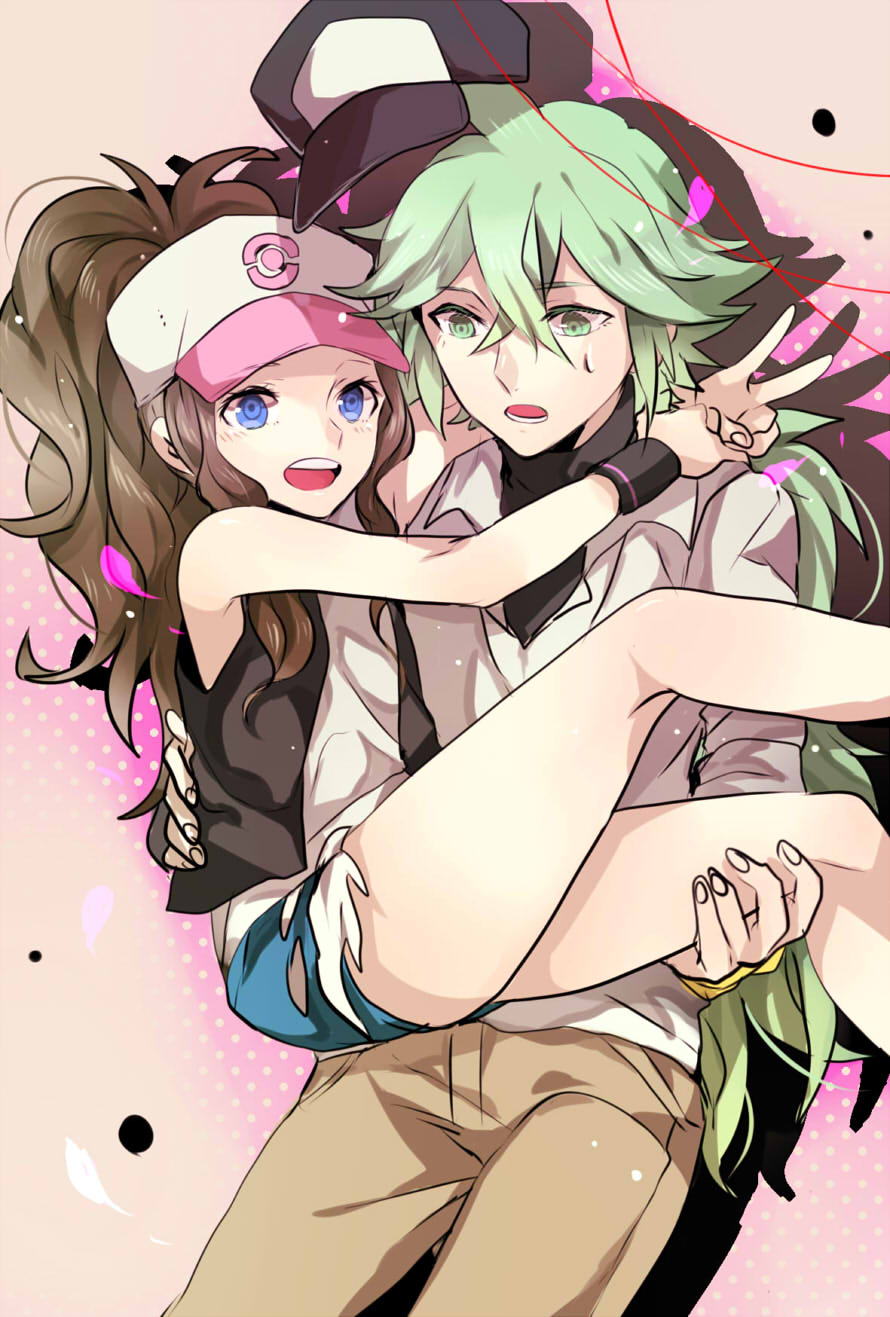 1boy 1girl black_coat blue_eyes blue_shorts brown_hair brown_pants carrying coat creatures_(company) dress_shirt game_freak green_eyes green_hair hair_between_eyes high_ponytail highres kurozatou_owata long_hair long_sleeves love n_(pokemon) nintendo open_clothes open_coat open_mouth pants poke_ball_print pokemon pokemon_(game) pokemon_bw ponytail princess_carry shadow shirt short_shorts shorts sleeveless sleeveless_coat sleeveless_shirt sweatdrop torn_clothes torn_shorts touko_(pokemon) v very_long_hair visor_cap white_shirt wristband