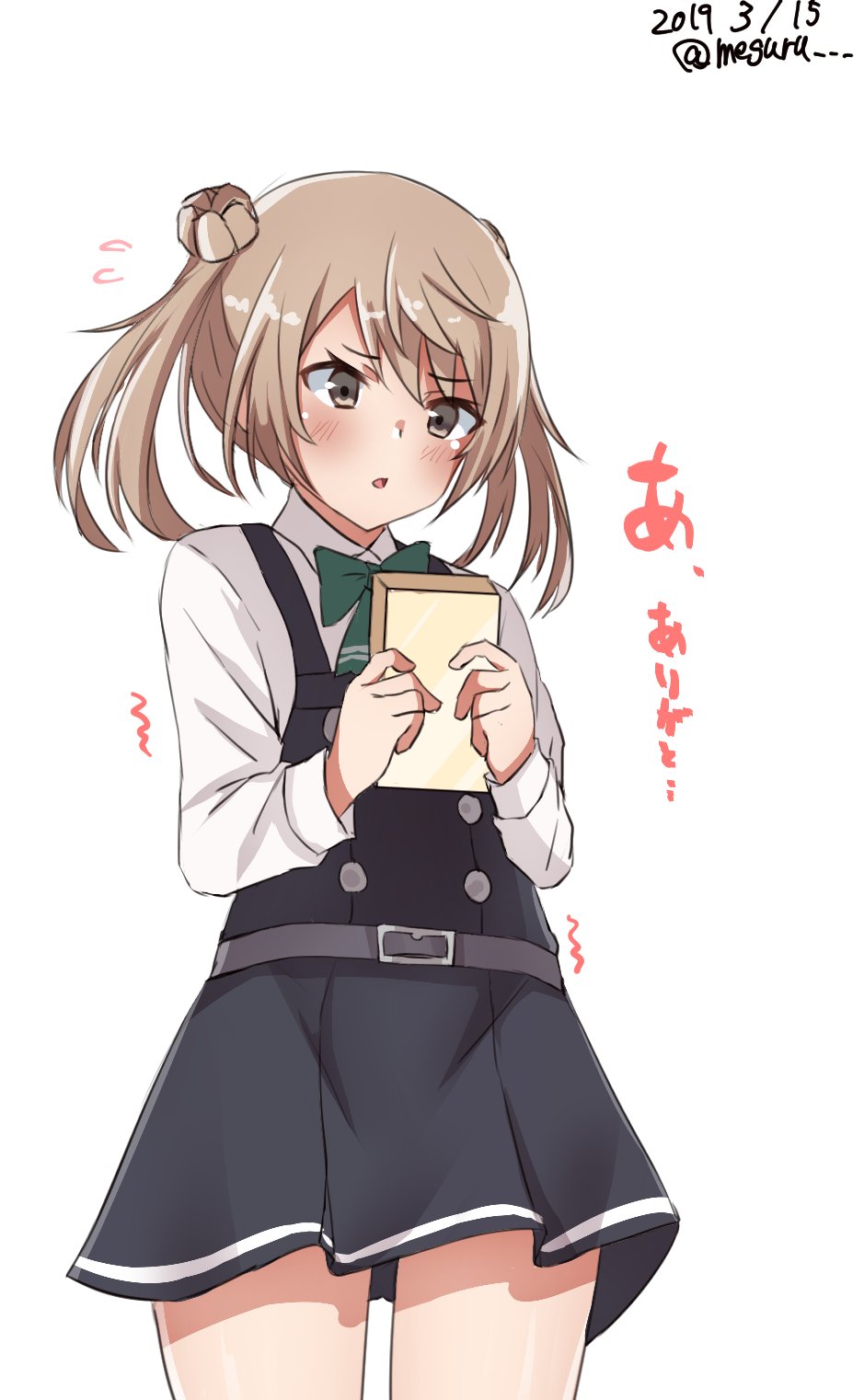 1girl bow box brown_eyes commentary_request cowboy_shot dated double_bun dress green_bow hair_bun highres kantai_collection light_brown_hair meguru_(megurunn) michishio_(kantai_collection) open_mouth pinafore_dress remodel_(kantai_collection) short_sleeves short_twintails simple_background solo standing twintails twitter_username white_background