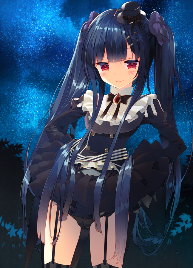1girl arikawa_satoru black_hair black_hat bow commentary_request cowboy_shot flower_knight_girl garter_straps hair_bow hair_ornament hairclip hat lifted_by_self long_hair looking_at_viewer mini_hat mini_top_hat night night_sky purple_bow red_eyes sky smile solo striped striped_legwear thigh-highs top_hat torikabuto_(flower_knight_girl) twintails vertical-striped_legwear vertical_stripes