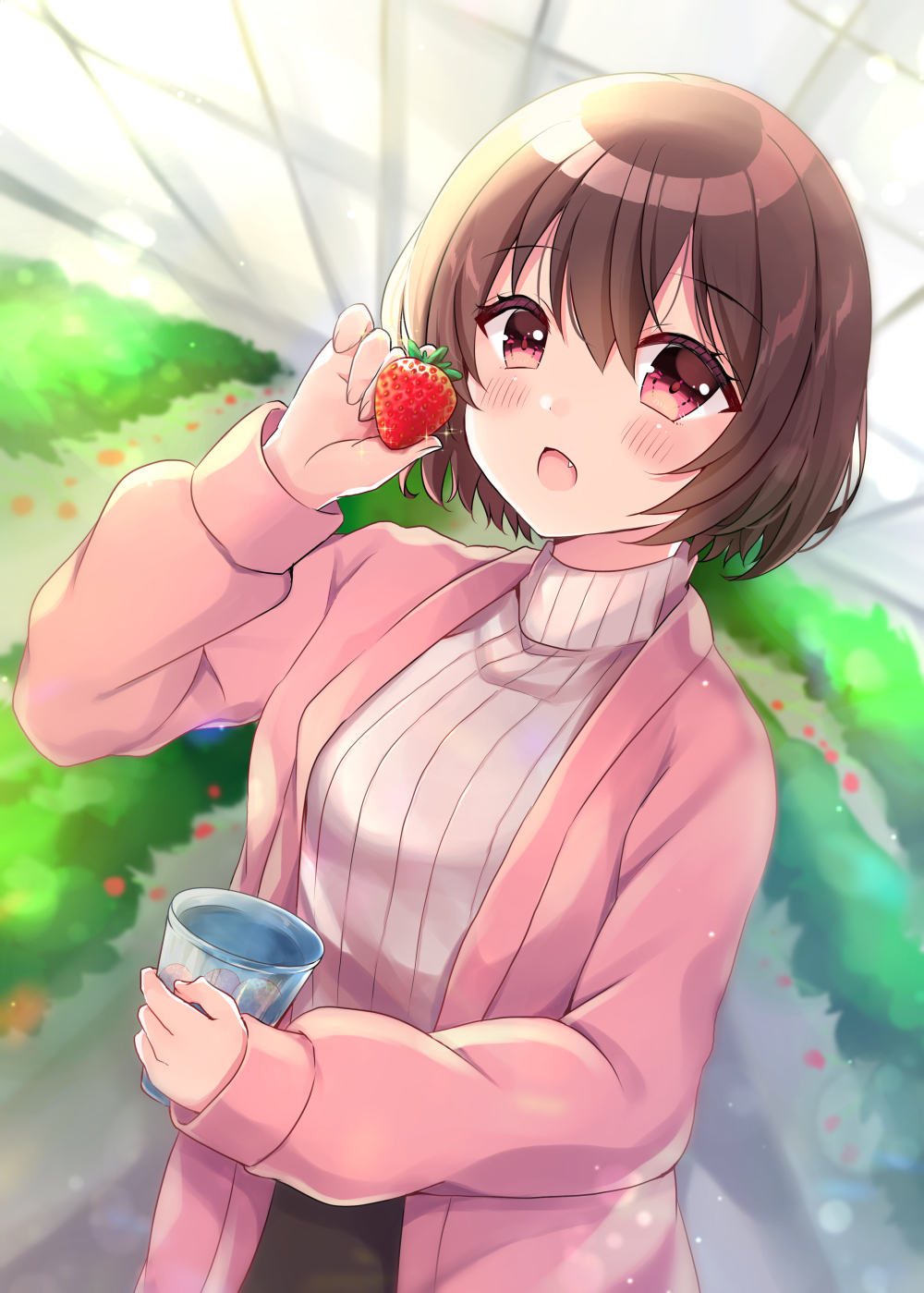 1girl bangs black_skirt blurry blurry_background blush brown_hair commentary_request depth_of_field dutch_angle eyebrows_visible_through_hair fang fingernails food fruit hair_between_eyes highres holding holding_food indoors jacket long_sleeves looking_at_viewer minami_saki open_clothes open_jacket open_mouth original pink_jacket red_eyes ribbed_sweater short_hair skirt sleeves_past_wrists solo strawberry sweater white_sweater