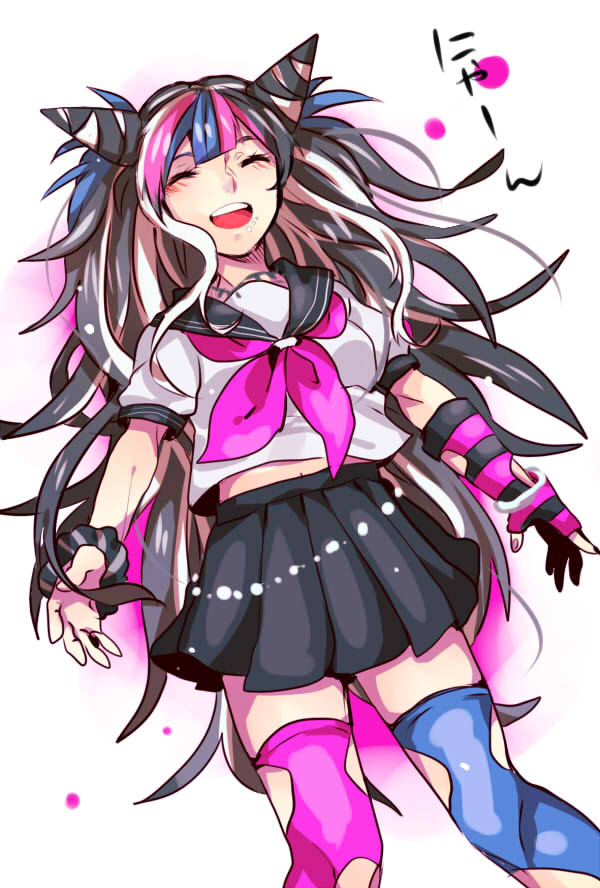 1girl :d asymmetrical_gloves black_hair black_nails black_sailor_collar black_scrunchie black_skirt blue_legwear blush cheek_piercing closed_eyes collarbone dangan_ronpa fingerless_gloves floating_hair from_above gloves highlights jewelry kurozatou_owata long_hair lying miniskirt mioda_ibuki multicolored_hair nail_polish necklace on_back open_mouth pink_legwear pink_neckwear pleated_skirt sailor_collar school_uniform scrunchie serafuku shirt short_sleeves single_glove skirt smile solo striped striped_gloves striped_scrunchie super_dangan_ronpa_2 thigh-highs tied_hair torn_clothes torn_legwear very_long_hair white_background white_shirt wrist_scrunchie zettai_ryouiki