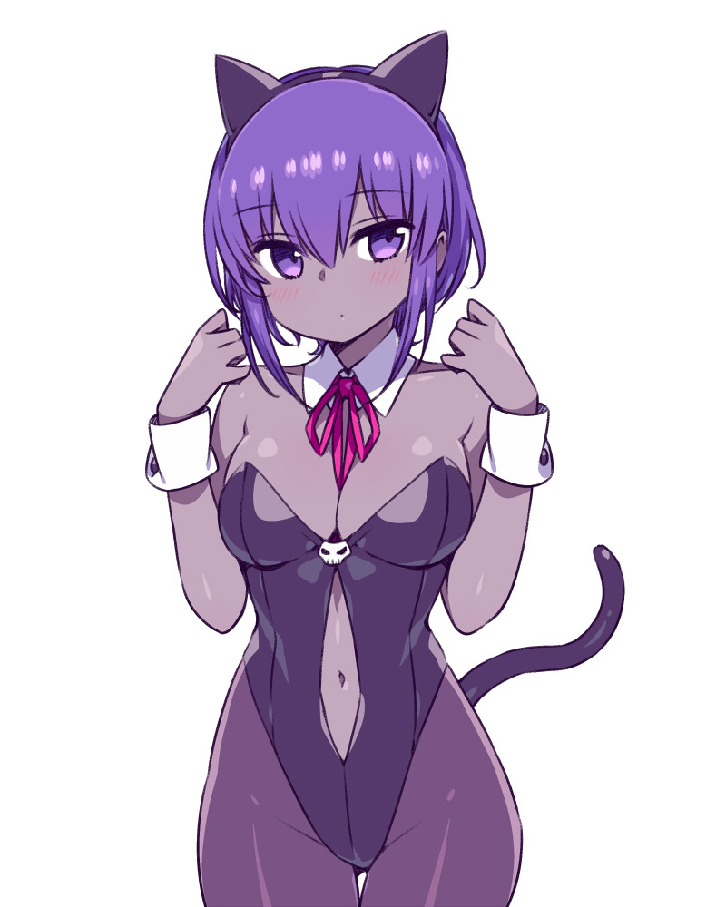 1girl animal_ears black_leotard breasts cat_ears cat_tail center_opening chan_co cleavage cowboy_shot dark_skin detached_collar fate/grand_order fate/prototype fate/prototype:_fragments_of_blue_and_silver fate_(series) gluteal_fold hassan_of_serenity_(fate) kittysuit leotard looking_at_viewer medium_breasts neck_ribbon pantyhose purple_hair red_ribbon ribbon short_hair simple_background solo strapless strapless_leotard tail thigh_gap white_background wrist_cuffs