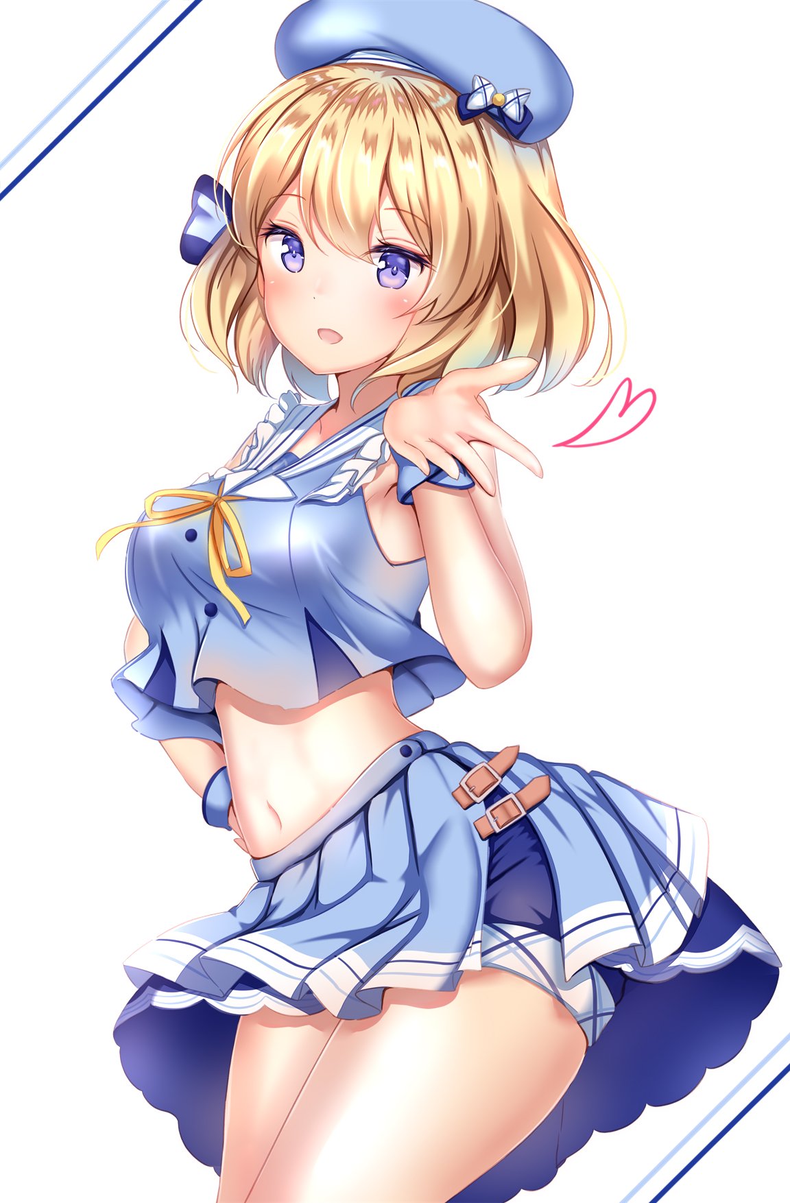 1girl :d azur_lane bangs bare_arms bare_shoulders beret blonde_hair blue_hat blue_shirt blue_shorts blue_skirt blush breasts buttons collarbone commentary_request cowboy_shot crop_top crop_top_overhang frills hair_ribbon hand_on_hip hand_up hat heart highres looking_at_viewer medium_breasts midriff miniskirt navel neck_ribbon open_mouth pleated_skirt ribbon sailor_collar school_uniform serafuku shirt short_hair short_shorts shorts shorts_under_skirt simple_background skirt sleeveless sleeveless_shirt smile solo standing stomach thighs violet_eyes white_background white_sailor_collar wrist_cuffs yellow_neckwear yuano z23_(azur_lane)