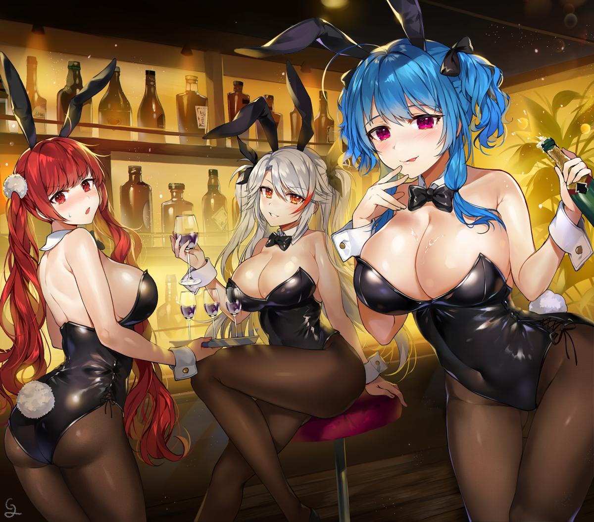 3girls ahoge alcohol animal_ears ass azur_lane bangs bare_shoulders black_footwear black_leotard black_neckwear blue_hair blush bottle bow bowtie breasts brown_legwear bunny_girl bunny_tail bunnysuit champagne cleavage closed_mouth covered_navel detached_collar eyebrows_visible_through_hair fake_animal_ears finger_to_mouth gijang holding holding_bottle honolulu_(azur_lane) indoors large_breasts leotard looking_at_viewer multicolored_hair multiple_girls open_mouth pantyhose parted_lips pink_eyes prinz_eugen_(azur_lane) rabbit_ears red_eyes redhead shiny shiny_skin sidelocks signature silver_hair sitting skindentation st._louis_(azur_lane) standing strapless strapless_leotard streaked_hair sweat swept_bangs tail tongue tongue_out twintails two_side_up wrist_cuffs yellow_eyes