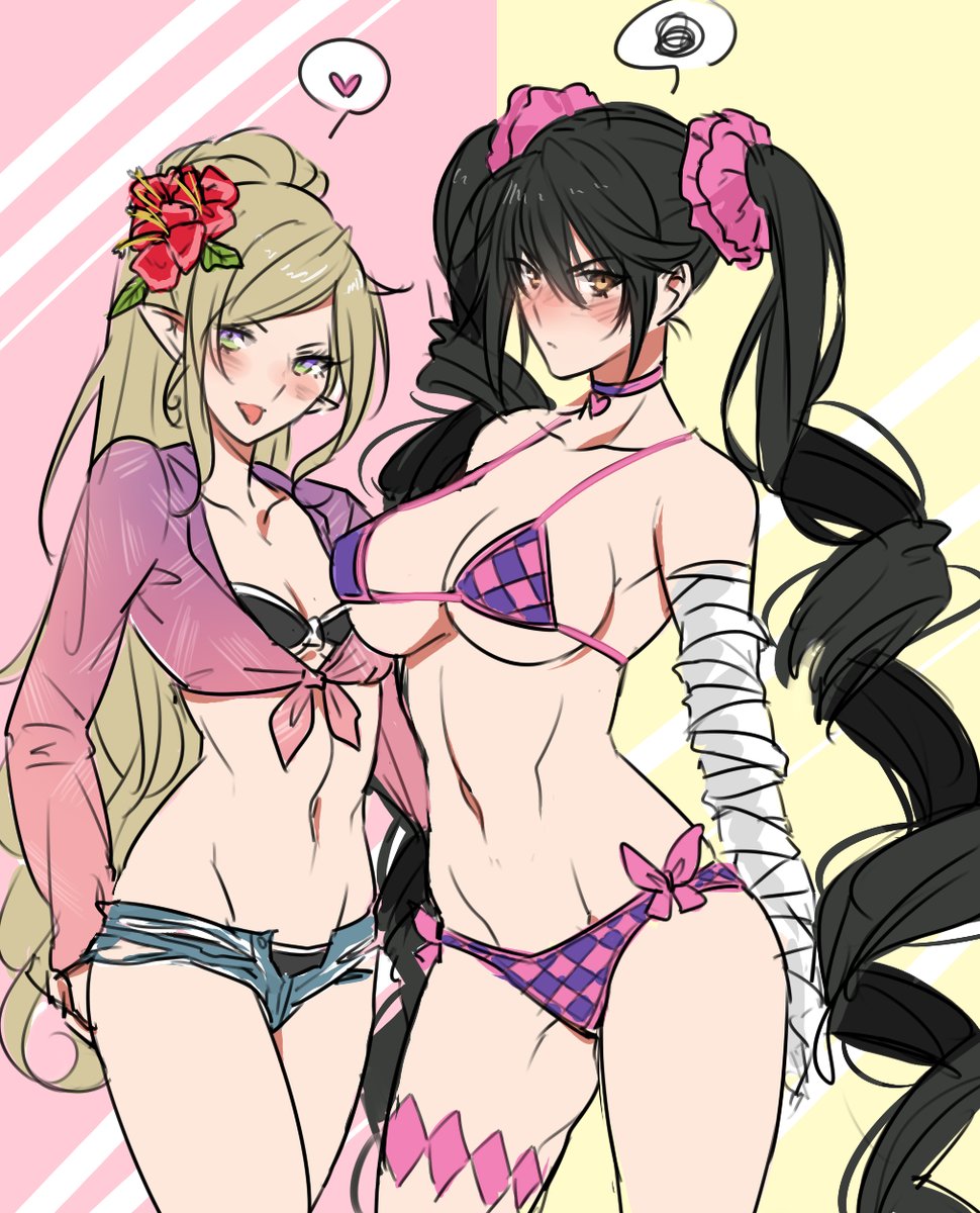 2girls alternate_costume alternate_hairstyle angry bandage bandaged_arm bandages bangs bikini bikini_under_clothes black_hair blonde_hair blush breasts butterfly_ornament choker cleavage cosplay costume_switch flower green_eyes hair_flower hair_ornament heart highres legband long_hair magilou_(tales) multiple_girls pink_choker pink_shirt pointy_ears ponytail shirt short_shorts shorts smile speech_bubble swimsuit swimwear tales_of_(series) tales_of_berseria tied_hair tied_shirt tusia twintails under_boob velvet_crowe very_long_hair yellow_eyes