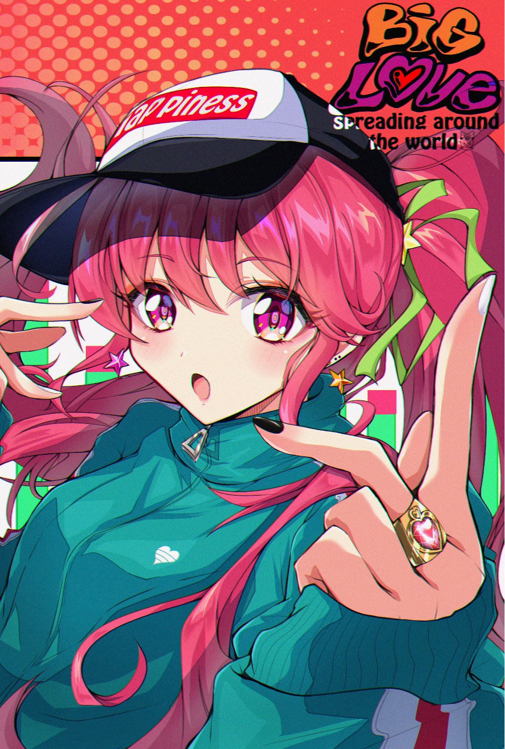 1girl :o aino_megumi alternate_costume black_nails commentary_request earrings english_text eyebrows_visible_through_hair green_jacket happinesscharge_precure! hat highres jacket jewelry long_hair long_sleeves looking_at_viewer nail_polish orange_background pink_eyes pink_hair polka_dot polka_dot_background ponytail precure purple_earrings ring rudo_(rudorudo0917) solo star star_earrings track_jacket white_nails yellow_earrings zipper