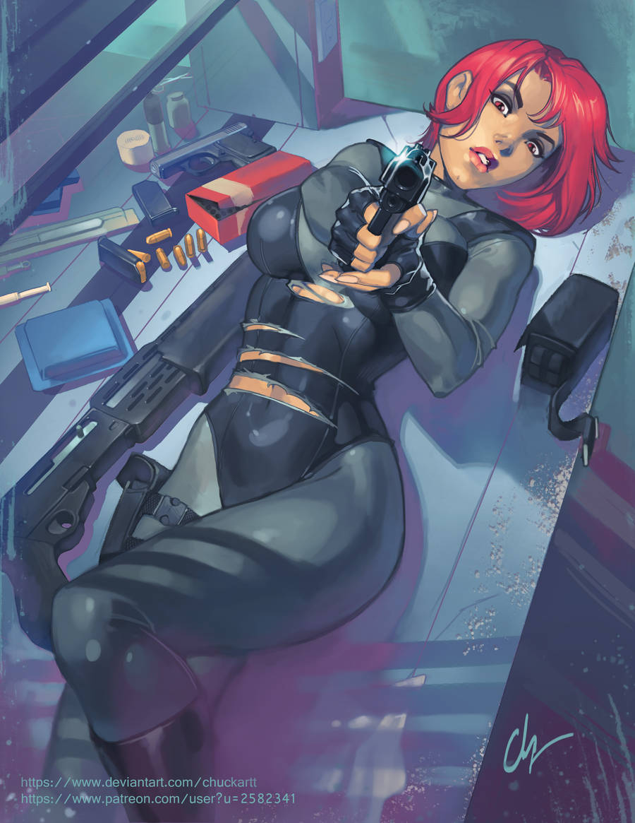 1girl aiming_at_viewer ammo_box black_gloves black_leotard bodysuit boots breasts bullet chuck_pires commentary dappled_sunlight deviantart_sample dino_crisis english_commentary feet_out_of_frame finger_on_trigger fingerless_gloves gloves grey_bodysuit gun handgun holding holding_gun holding_weapon holster image_sample knee_boots large_breasts leotard lips lipstick lying magazine_(weapon) makeup nose on_back pistol redhead regina short_hair shotgun shoulder_pads solo sunlight thigh_holster torn_bodysuit torn_clothes torn_leotard watermark weapon web_address